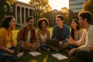 Diverse college students engaged in intellectual discussion on Ivy League campus lawn with classic academic buildings