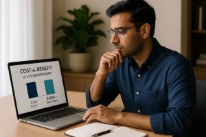 Indian professional analyzing the cost-benefit of a US MBA program on a laptop.