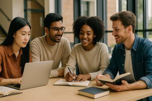 International students collaborating in a diverse academic setting.