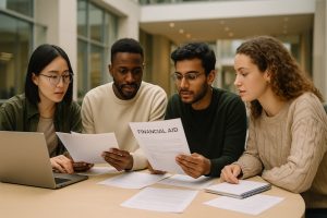 A diverse group of international students reviewing financial aid documents in a modern university setting.