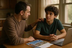 Parent providing emotional support to teenage son during college admissions discussion at home