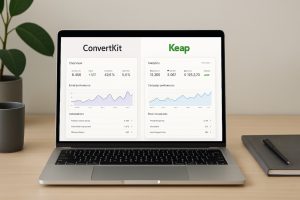 Laptop displaying ConvertKit vs Keap audience-nurturing dashboards in a clean modern workspace.