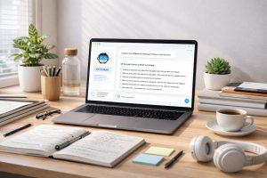 Student studying with AI tutor chatbot on a laptop in a clean workspace