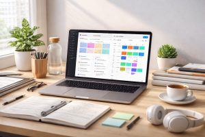 Student using academic organization apps on a laptop in a clean workspace
