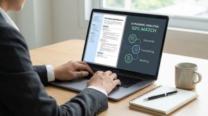 Job seeker reviewing an ATS-friendly resume on a laptop while AI screening icons appear on the screen