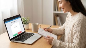 Student using a laptop with digital flashcards and a study checklist for active recall and spaced repetition