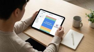 Student using an AI time management app to time-block assignments on a laptop calendar while studying at a desk