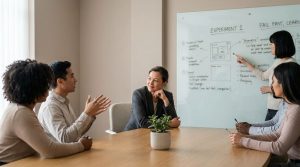 Emotionally intelligent leader listening as a diverse team collaborates on new ideas in a meeting