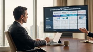 Finance leader reviewing scenario planning dashboards comparing top financial planning tools for corporate strategy on a laptop.