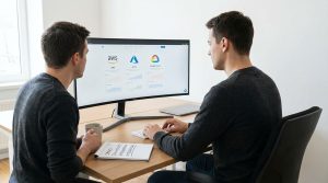 Developer comparing top cloud development platforms on a laptop dashboard with Vercel, Firebase, Supabase, AWS Amplify, and Cloudflare concepts