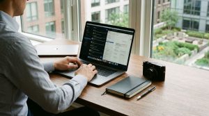 Professional working at a laptop using productivity apps for tasks, notes, communication, and workflow management
