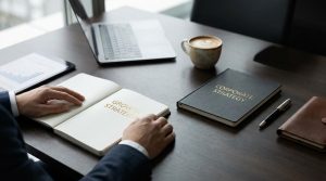 Professional reviewing growth strategy and corporate strategy career paths on a desk with charts and planning notes